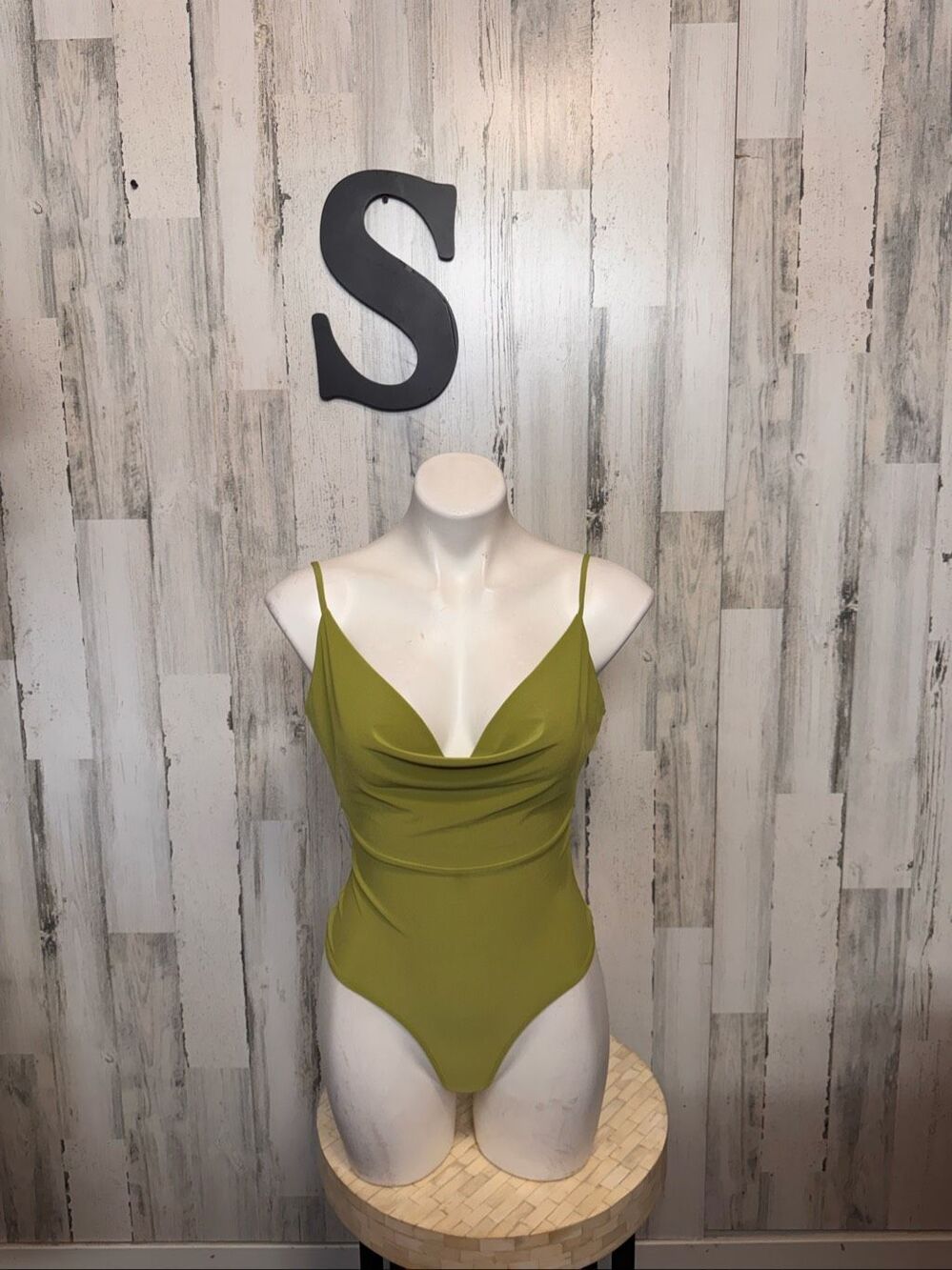 Meraki Cowl Neck Tie Back Cutout Bodysuit Womens S Chartreuse Olive Green